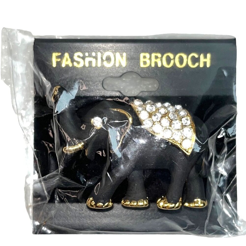 Black Elephant Rhinestone Fashion Brooch W/ Gold Accents/Approx. 1.5" - Elegant